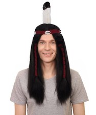 Adult Men s Long Length Native American Wig, Black Color, Breathable Capless Cap