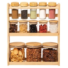 Set of Bamboo Spice Rack and Glass Jars with Lid, Perfect for Countertop Storage