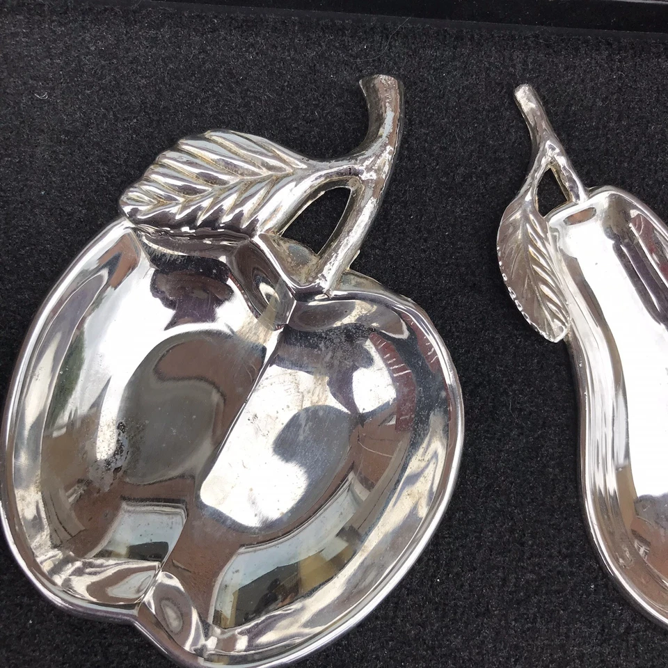 Vtg Silver Plated Seba Fruit Trinket Dishes Pear Apple Decor W/ Original Package - Image 2 of 4