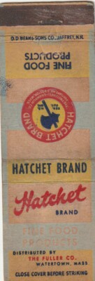 MATCHBOOK COVER - HATCHET BRAND - FULLER CO. WATERTOWN MASSACHUSETTS - GROCERY