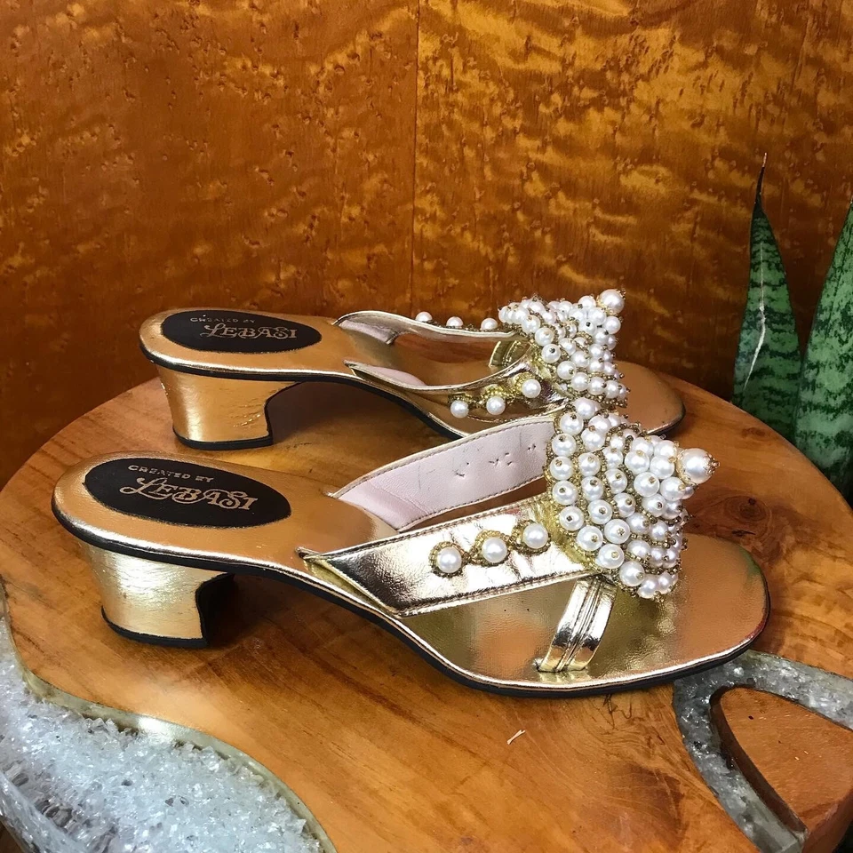 Sandalias Tacones Bloque ORO METÁLICO Lame & PEARLS 60’s 1960’s Vintage 70’s 7.5 Foto 3 de 4
