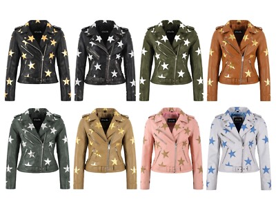 Damen Brando Star Patch Moto Lederjacke tailliert kurze Länge Mode Jacke
