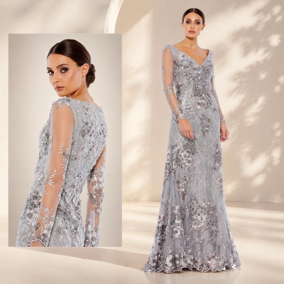 platinum grey dress Mac Duggal - Gray Beaded Square Neck Long Sleeve Jersey Gown main image 0