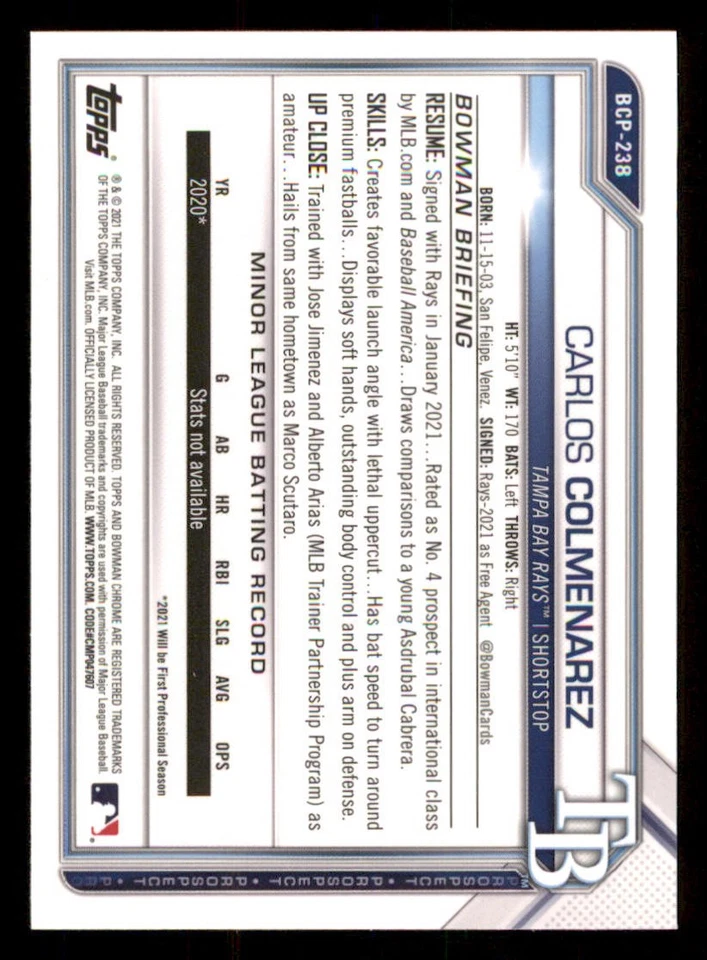 2021 Bowman Chrome Prospects #BCP238 Carlos Colmenarez - Image 2 of 2