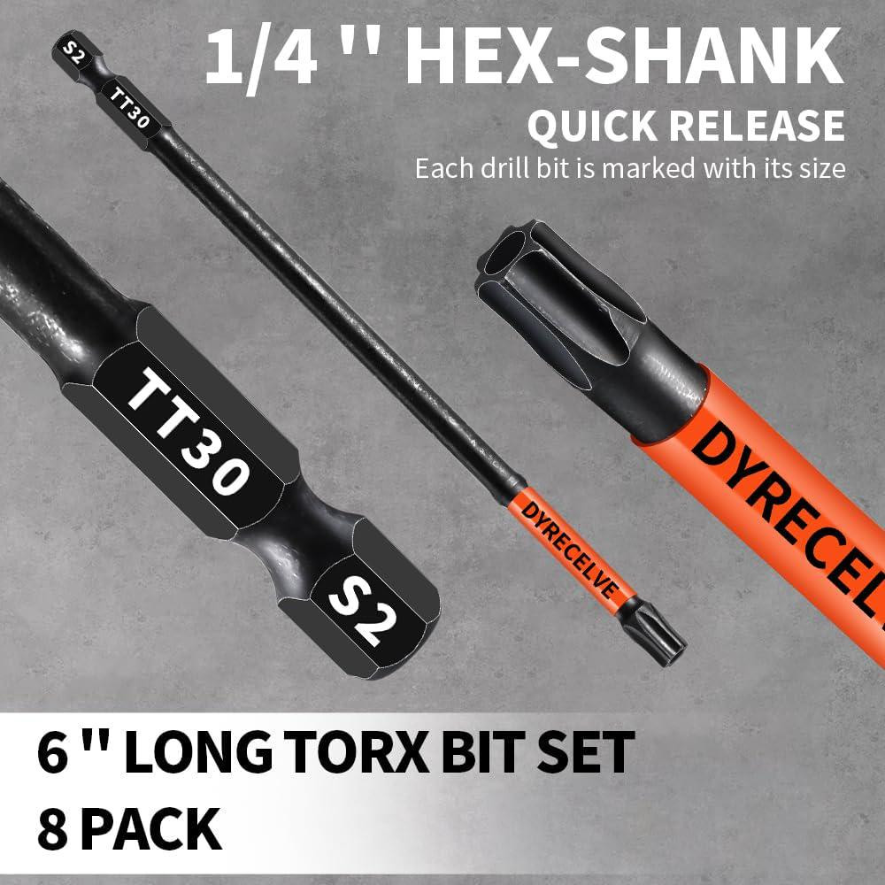 6 Inch Long Torx Bit Set 8-Pack, Impact Torx Bits (T8 to T40), Magnetic Security