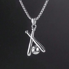 STAINLESS STEEL BASEBALL BAT  BALL PENDANT 3mm 24" ROLO BLING NECKLACE JEWELRY
