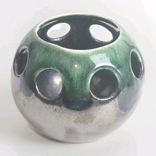 Vtg Flower Frog 8 Hole Ceramic Planter Green Metalic Drip Glaze 3.25" 3.75"