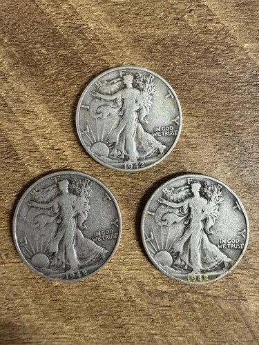 (3) Walking Liberty 1942 Half Dollar Coins 90% SILVER , 1.08 Troy Ounces SILVER