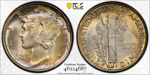 1936-D Silver Mercury Dime PCGS MS-64 Full Bands FB TrueView and Rainbow Toned!