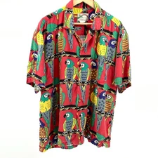 Vintage 90s Paradise Found Red Tropical Parrot Hawaiian Shirt