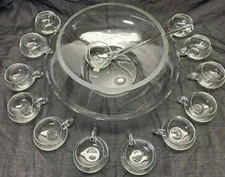 Vintage Riekes Crisa Moderno Blown Glass Punch Bowl 14 Piece Complete Set Mexico
