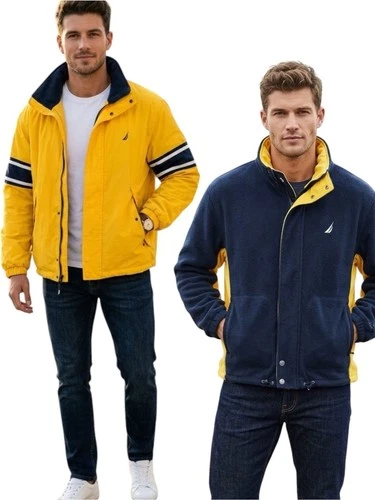 Nautica Vintage 90s Yellow and Navy Reversible Sailing Windbreaker Jacket Size L - product listing photo