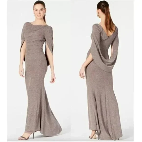 Betsy & Adam Metallic Cowl Neck Drape Back Gown NWT sz 12 Taupe/Silver - Image 2 of 4