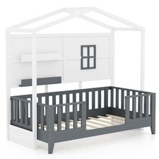 Single Wood House Bed Wooden Slatted Playhouse Bed w/ Window & Fence