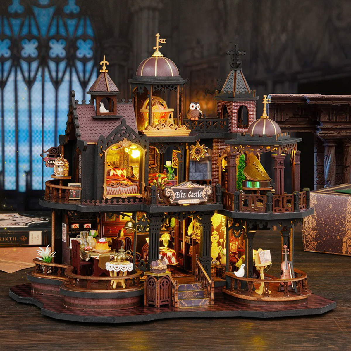 DIY Edinburgh Castle Dollhouse 3D Wooden Puzzle Building Toys LED