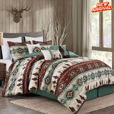 7pc King Size Southwest Aztec Style Comforter Set Burgundy Teal Beige w Cushions