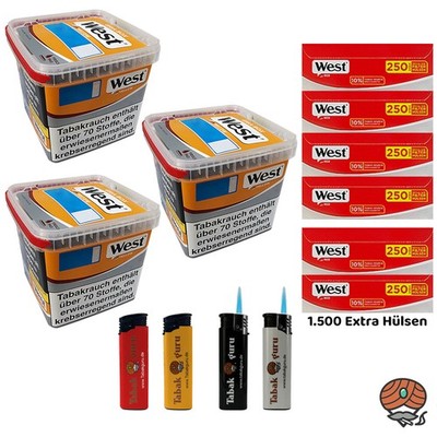 West Yellow Tabak/Stopftabak Box 3x 245g, 1500 Red Extra Hülsen, Feuerzeuge