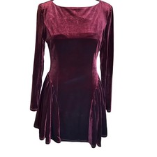 Commense Burgundy Velvet Long Sleeve Pleated Mini Dress Boat Neck NWT Small