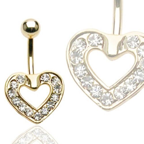 Gold Plated Surgical Steel Belly Bar / Navel Ring With Paved Gem Heart - Picture 1 of 1