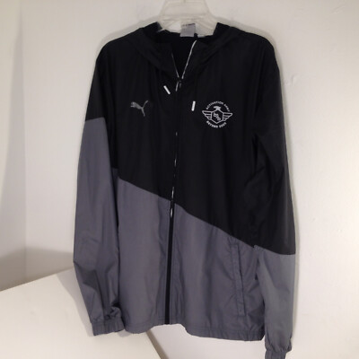 Puma Windbreaker Jacket  Mens Black Gray Sportswear Hoodie Mesh Lined Zip Size L