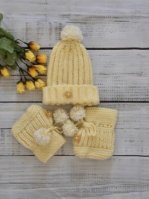 3 Piece Baby Handmade Knitted  Hat Set With Socks For Newborn (0-3 Months)