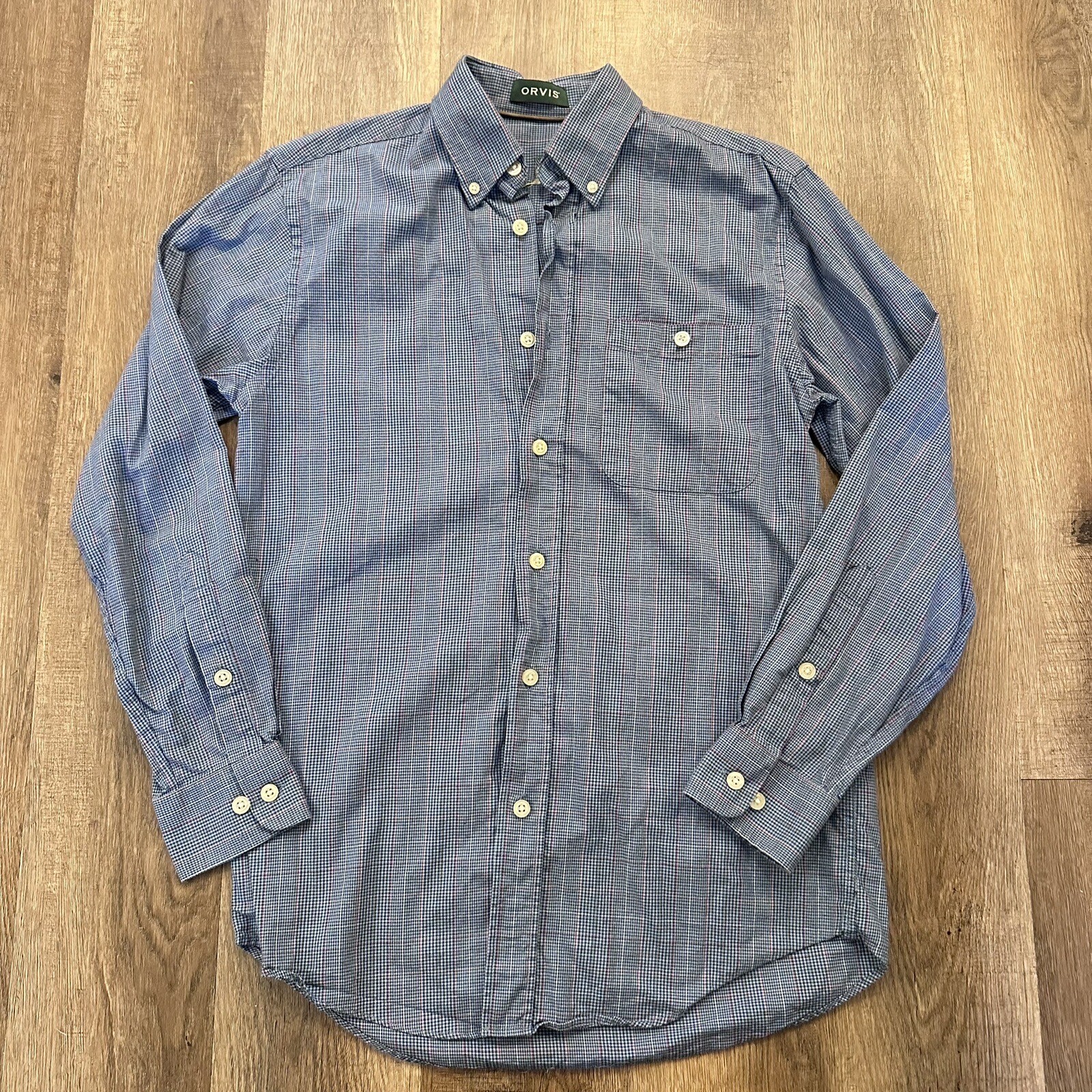 Orvis Country Twill Button Down Shirt Men's Blue￼Plaid Long Sleeve Medium