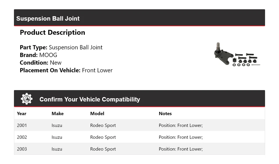 Передняя нижняя шарнирная подвеска для Isuzu Rodeo Sport 2001-2003 годов выпуска MOOG 2001 2002 - Изображение 2 из 4