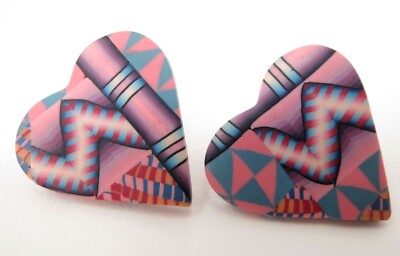1993 City Zen Cane Earrings Polymer Clay Heart Pink Abstract Modern Ford Forlano