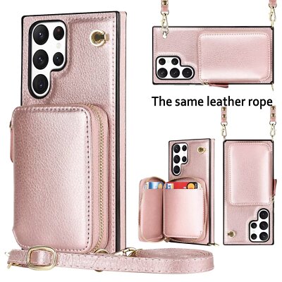 With Neck Strap Crossbody Phone Case zipper Credit Card Holder PU Leather Back