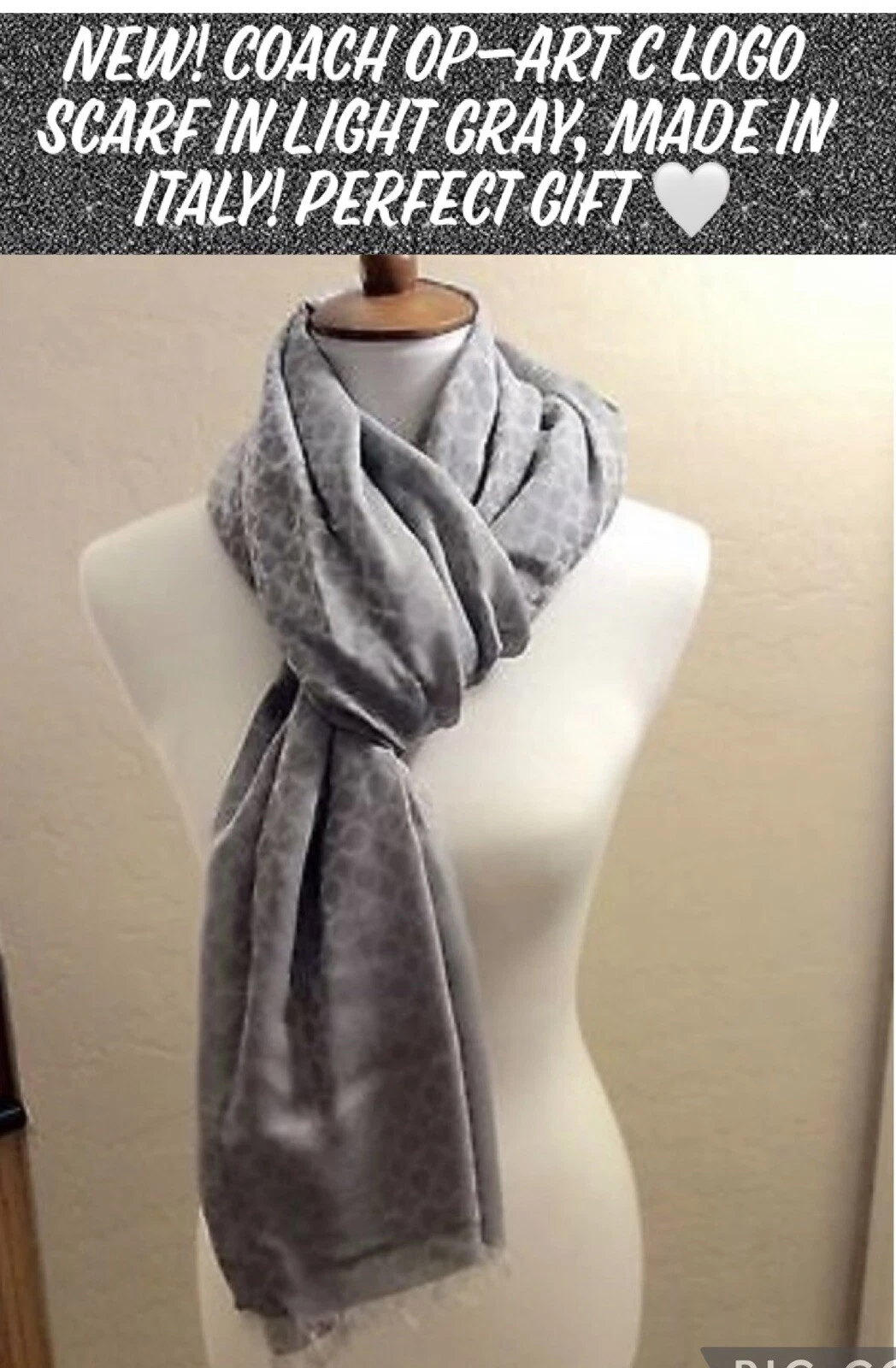 New! Coach Op-Art C Logo Scarf In Light Gray, Made In Italy! Perfect Gift 🤍