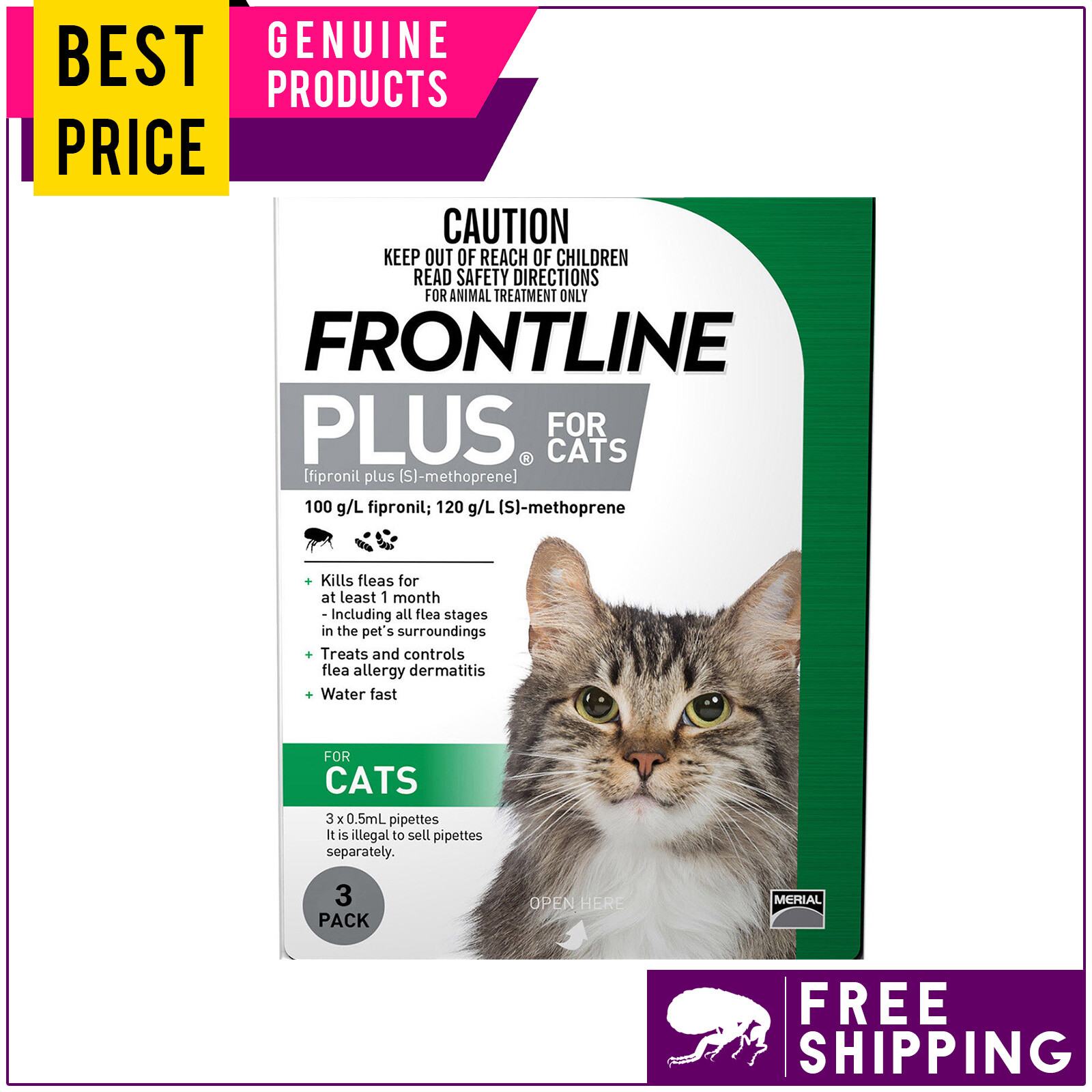 FRONTLINE PLUS 3 6 12 Doses For Cats Flea Treatment Monthly GREEN FREE frontline-plus-3-6-12-doses-for-cats-flea-treatment-monthly-green-free