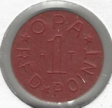 WWII Ration Token, OPA Red 1 Point, Letters H T, Office of Price Administration