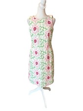 Talbots Embroidered Floral Sheath Dress Linen Blend Pink Green Womens Size 2