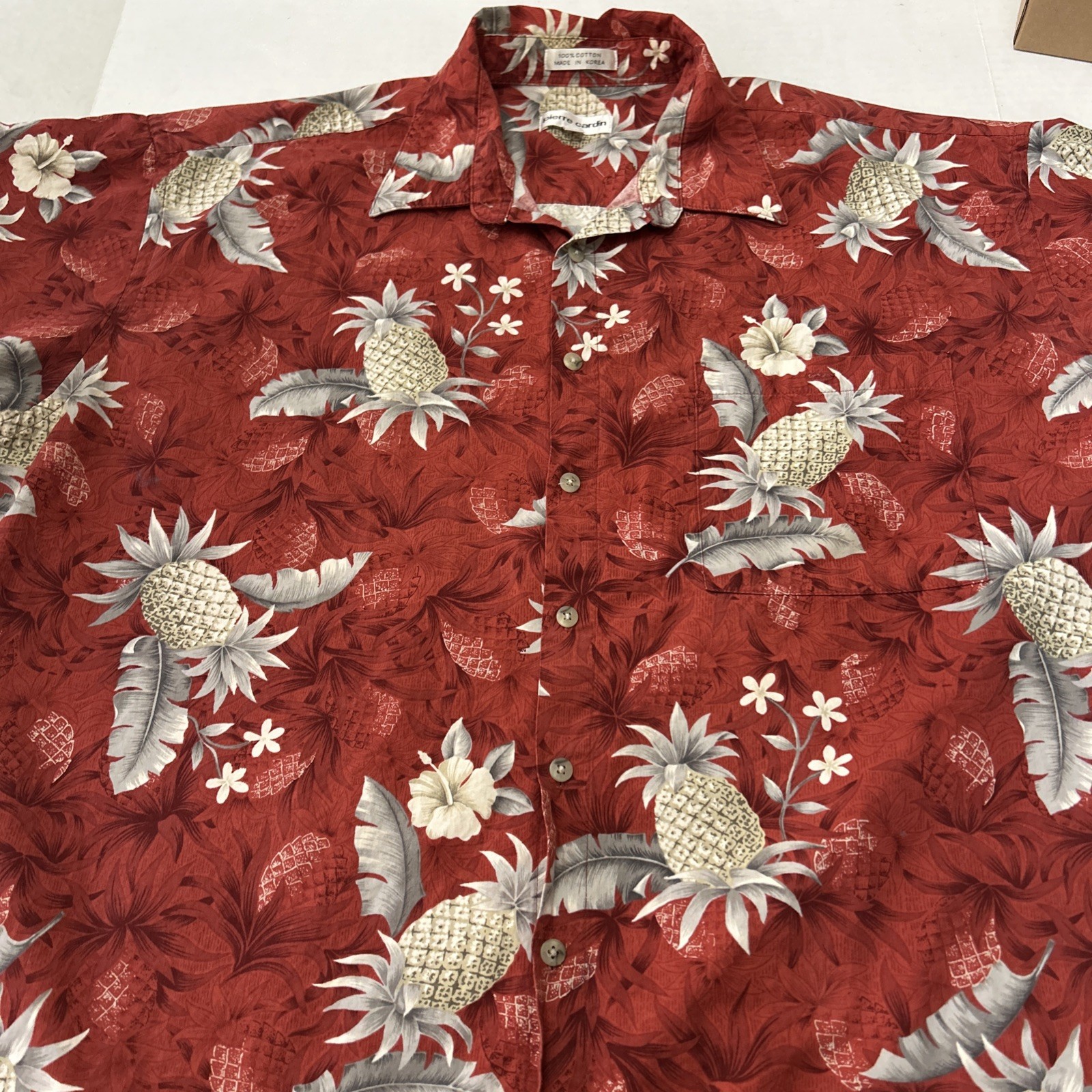 Vintage Pierre Cardin Men's 100% Cotton Floral Pineapple Hawaiian Shirt XXL Red