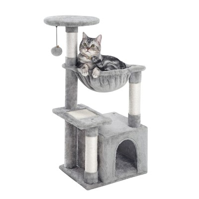 Small Cat Tree Condo with Hammock, Sisal Scratching Post for Kittens, Gray