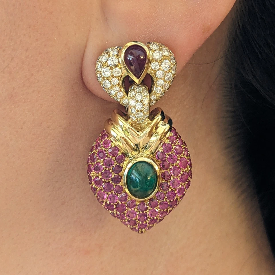 Pave Ruby and Diamond & Emerald Dangle/Drop Earrings in 18k Yellow Gold-HM2719ZE