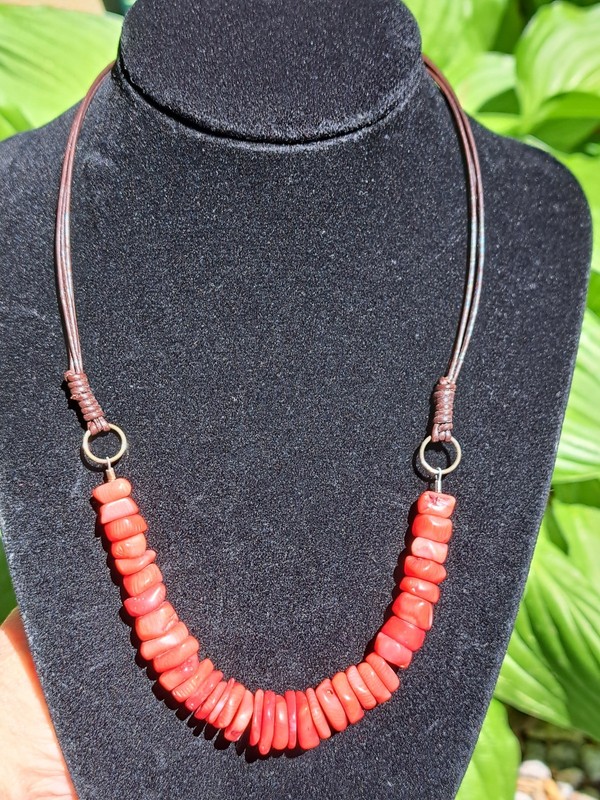 Barse 925 Sterling Silver Peachy Red Coral Discs 18-20” Necklace Leather Corded