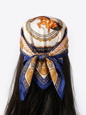 Vintage 70x70cm Silk Scarf Equestrian Navy Blue Gold Horse Chain Square Shawl