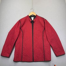Chicos Red Quilted Paisley Jacket Womens Size 3/XL Open Front Mock Neck Trim
