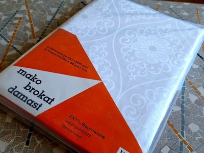 Mako Brokat  Damast Bettwäsche  4- Teilig, weiß  60er Jahre  unbenutzt....