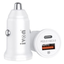20W PD 3.0 USB-C + QC 3.0 USB Dual-Port Mini Car Charger, 12–24V Fast Charge