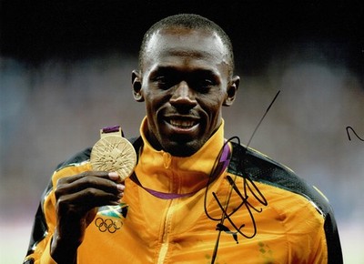 Jamaikanische Sprintlegende Usain Bolt signiert 16x12 Goldmedaille Foto + Händler Echtheitszertifikat