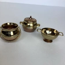Vintage Miniature Metal Bean Pot Colander Lid Cauldron 4 Pc England Dollhouse