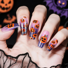 Halloween Coffin Press on Nails Medium Blue Glitters Fake Nails with Designs Cut