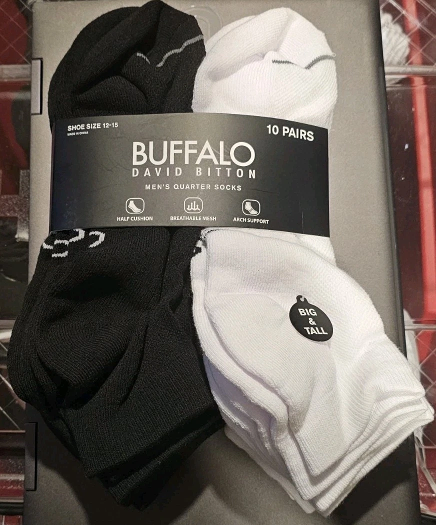 Buffalo David Bitton Mens Quarter Socks Black White 10 Pairs Size 12-15 Big Tall