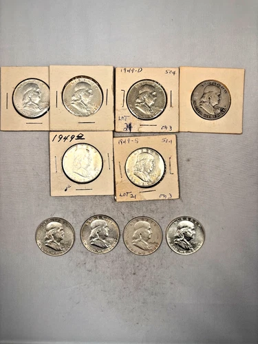 10 1949PDS VERY SCARCE FRANKLIN HALF DOLLAR 90% SILVER 1/2 COIN ROLL VF - AU+