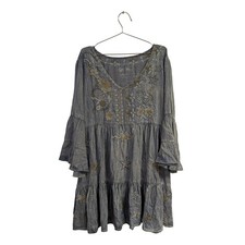 Kyla Seo Ayala Dress Mini Tiered Twirly Western Boho Celestial Tencel Chambray L