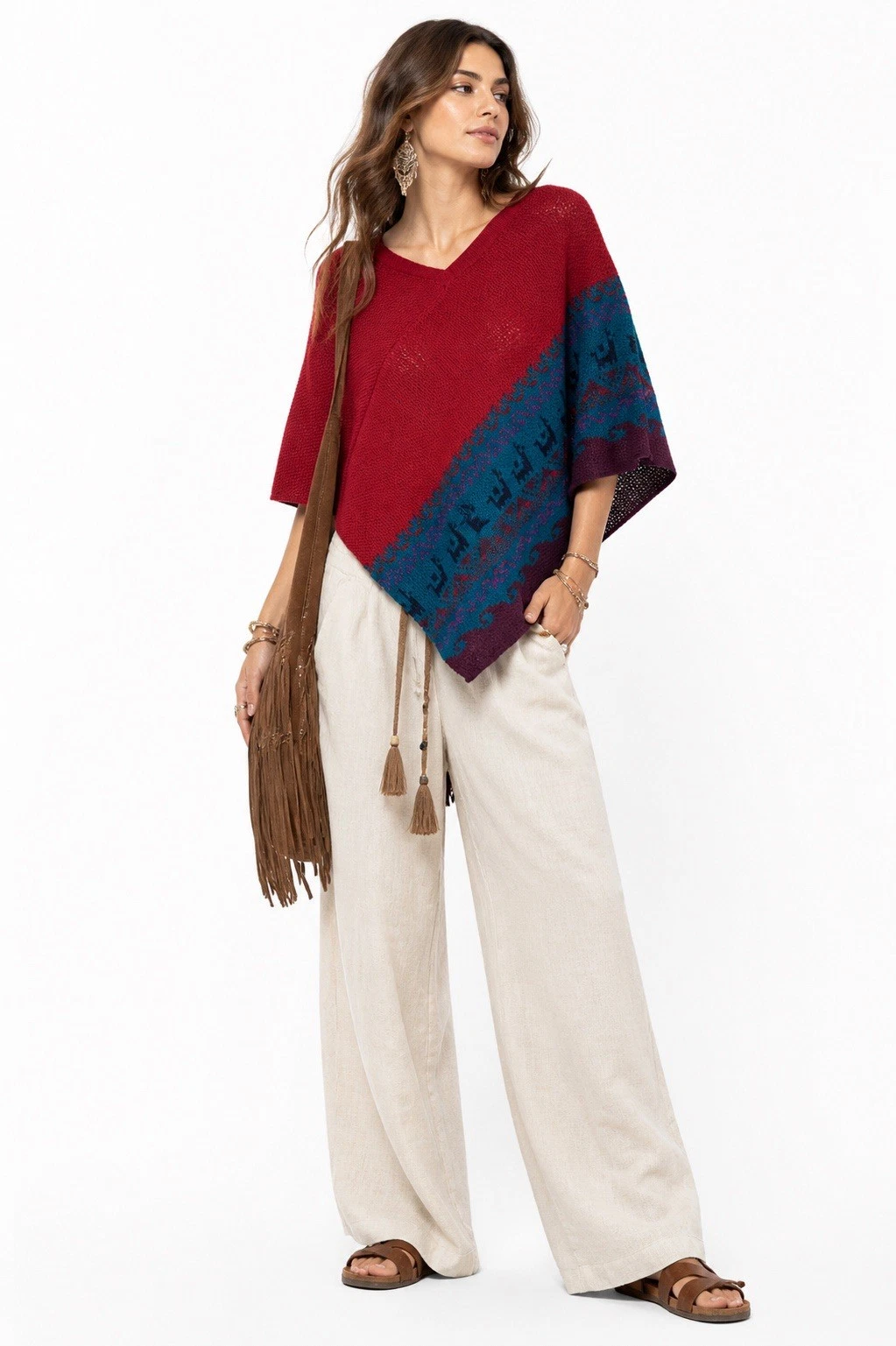 100% ALPACA PONCHO SWEATER artisan knit southwestern boho tribal festival OS