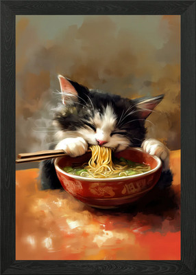 Cat Eating Ramen Framed Wall Art Poster Canvas Print Picture