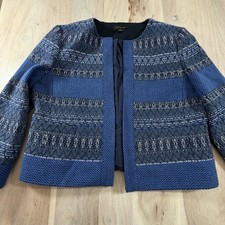 Ann Taylor Striped Tweed Jacket Multi Blue Open Front Blazer Size 12